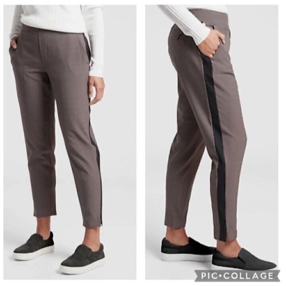 Athleta Woman's SZ 8 Brooklyn Plaid Ankle Pant Brown Micro Plaid Side Stripe
